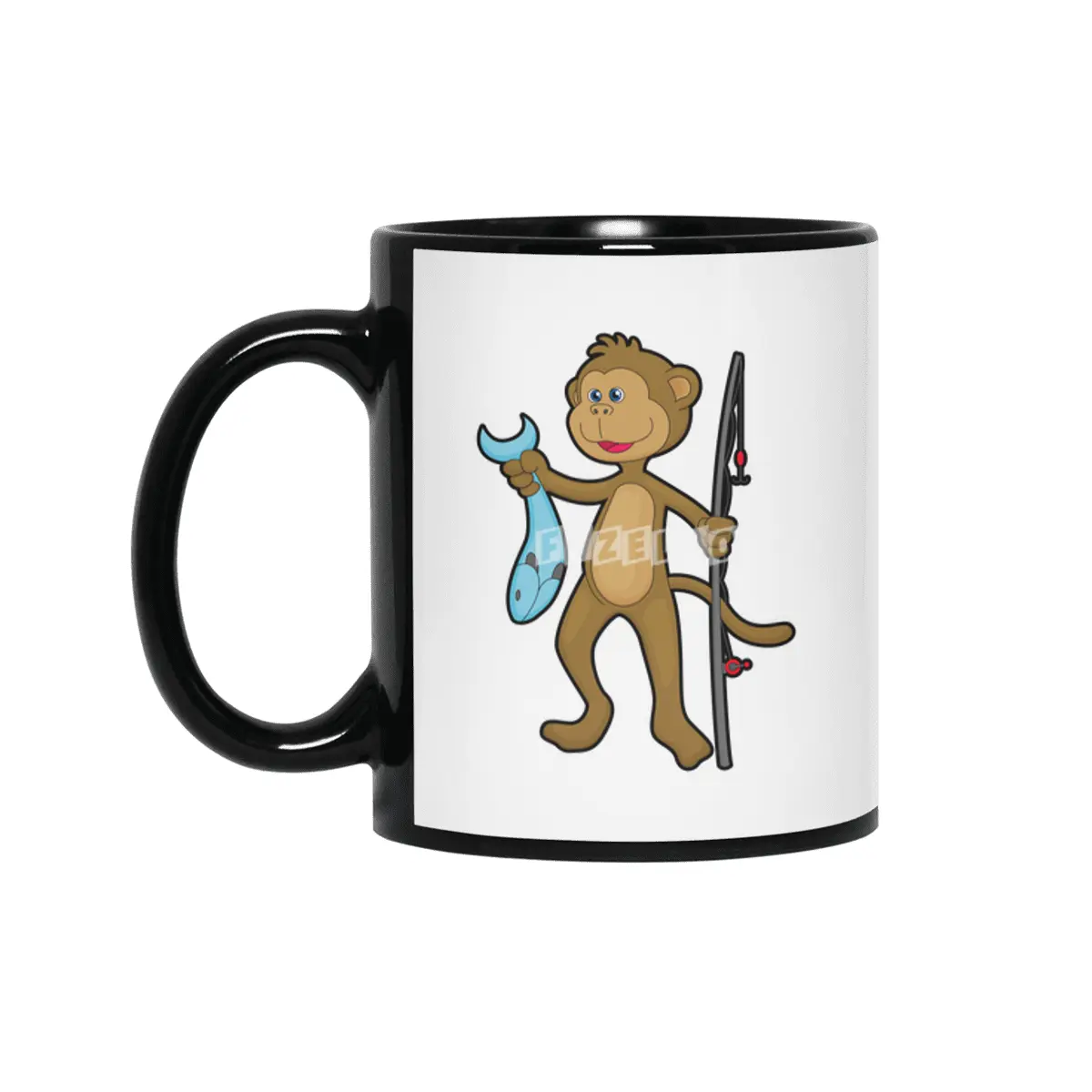 Monkey at Fishing with Fishing rod & Fish Siyah Kupa