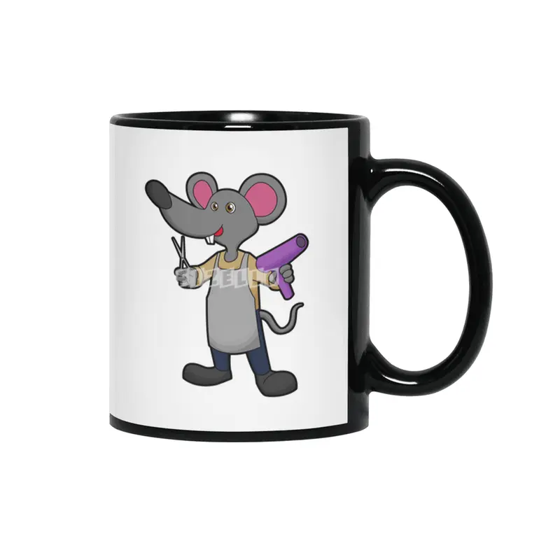 Mouse as Hairdresser with Scissors & Hair dryer Siyah Kupa