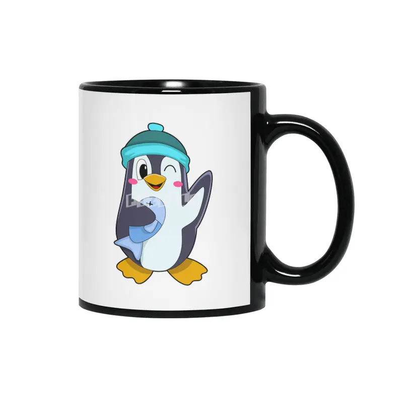 Penguin with Fish & Hat Siyah Kupa