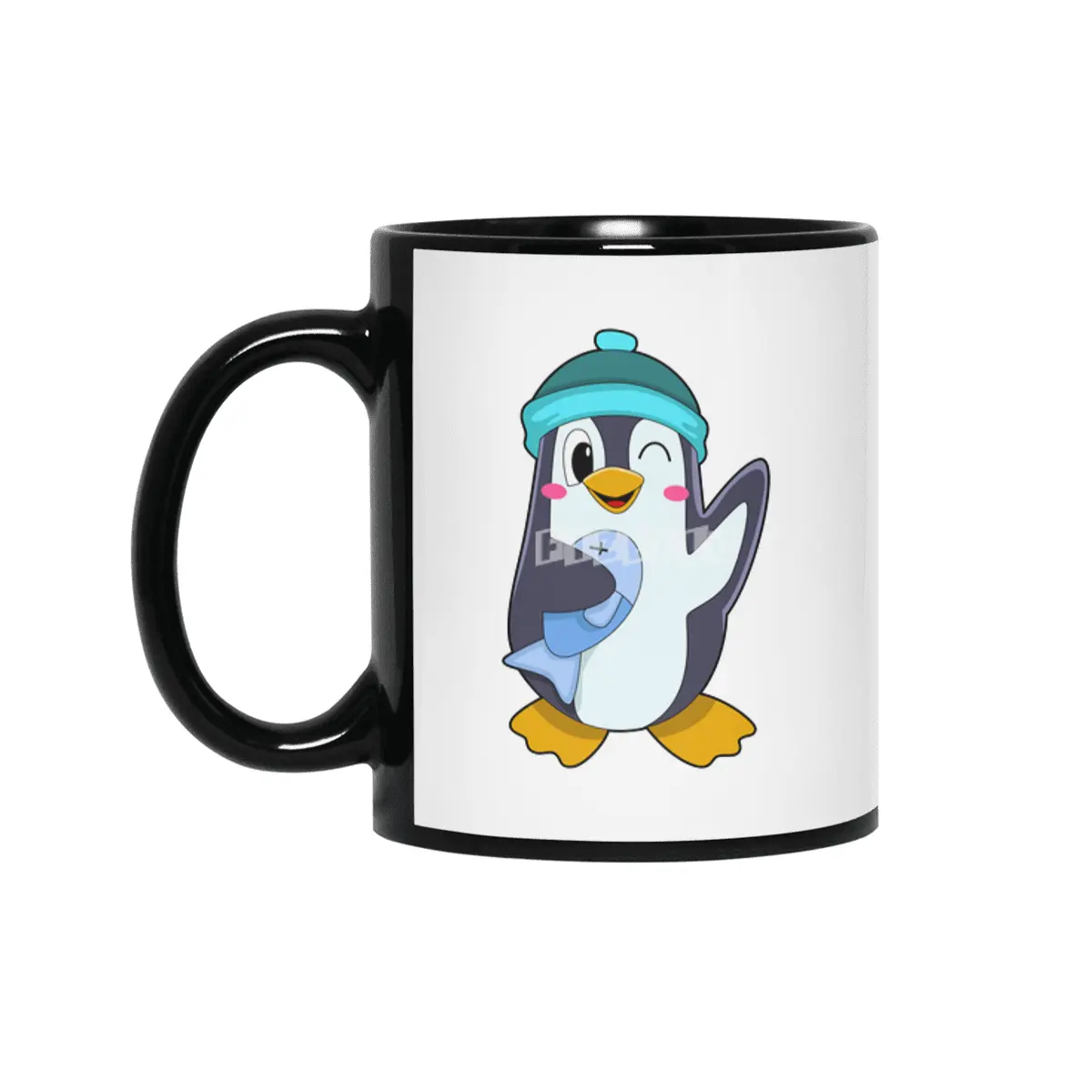 Penguin with Fish & Hat Siyah Kupa