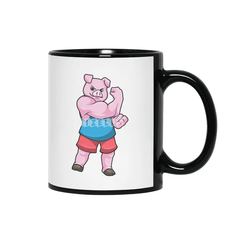 Pig as Bodybuilder with big Upper arm Siyah Kupa