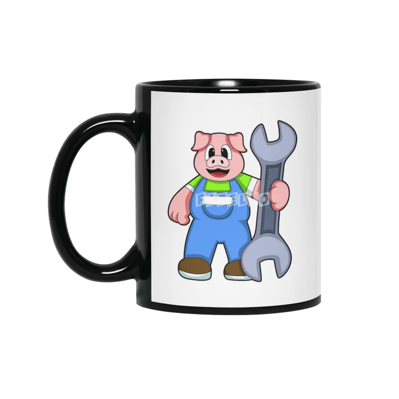 Pig as Craftsman with Wrench Siyah Kupa