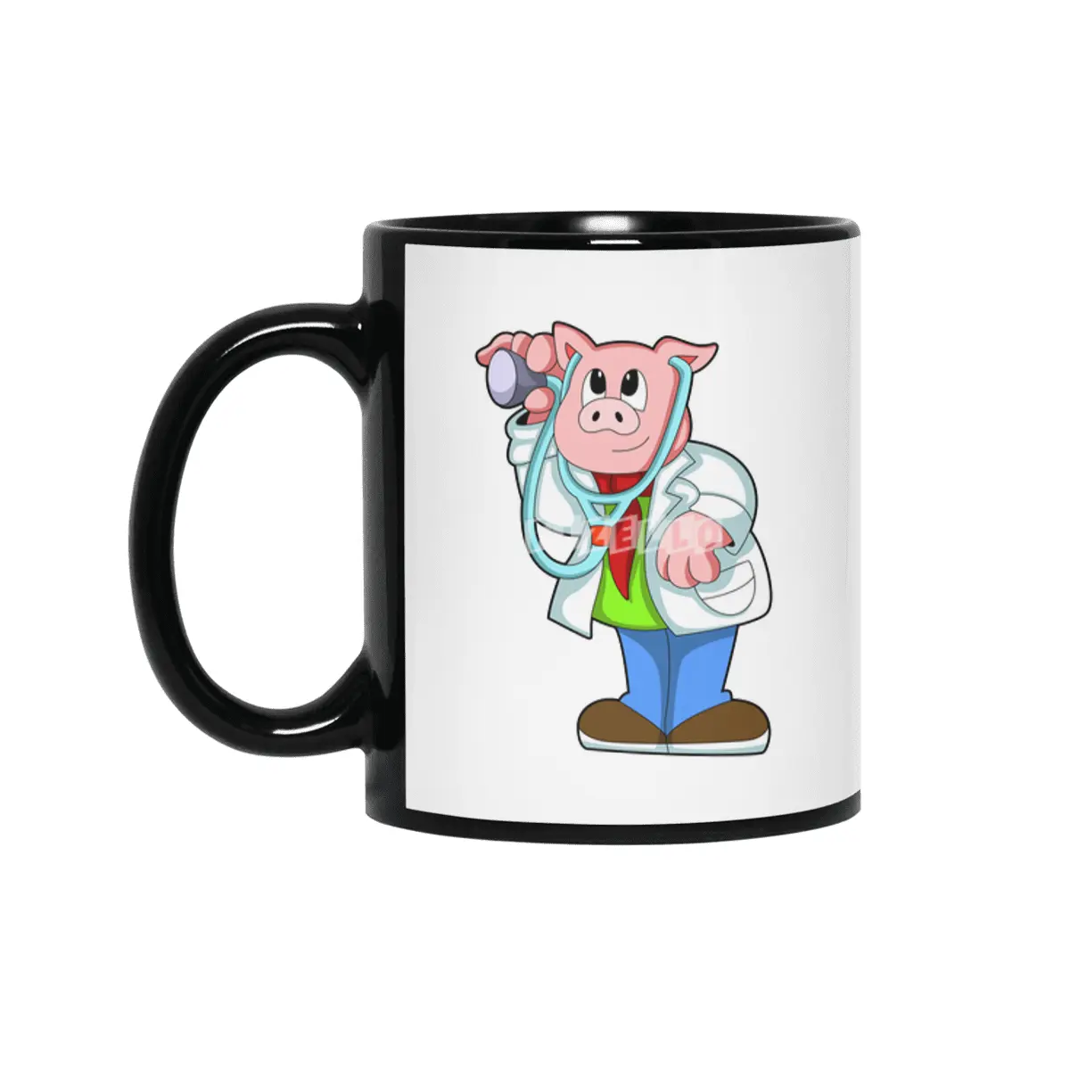 Pig as Doctor with Stethoscope Siyah Kupa
