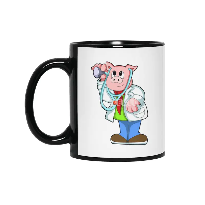 Pig as Doctor with Stethoscope Siyah Kupa