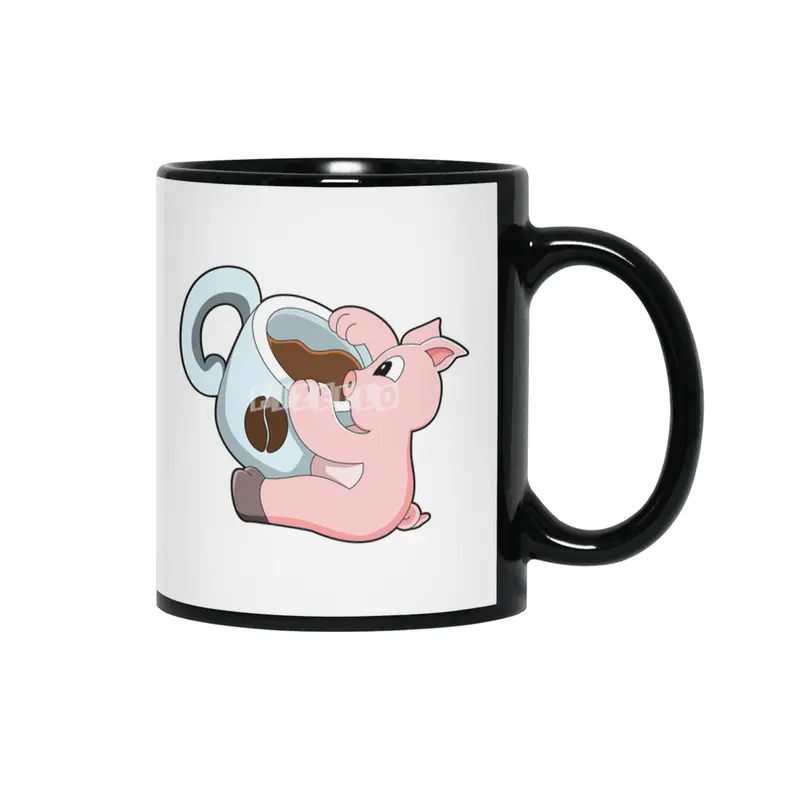 Pig with Cup of Coffee Siyah Kupa