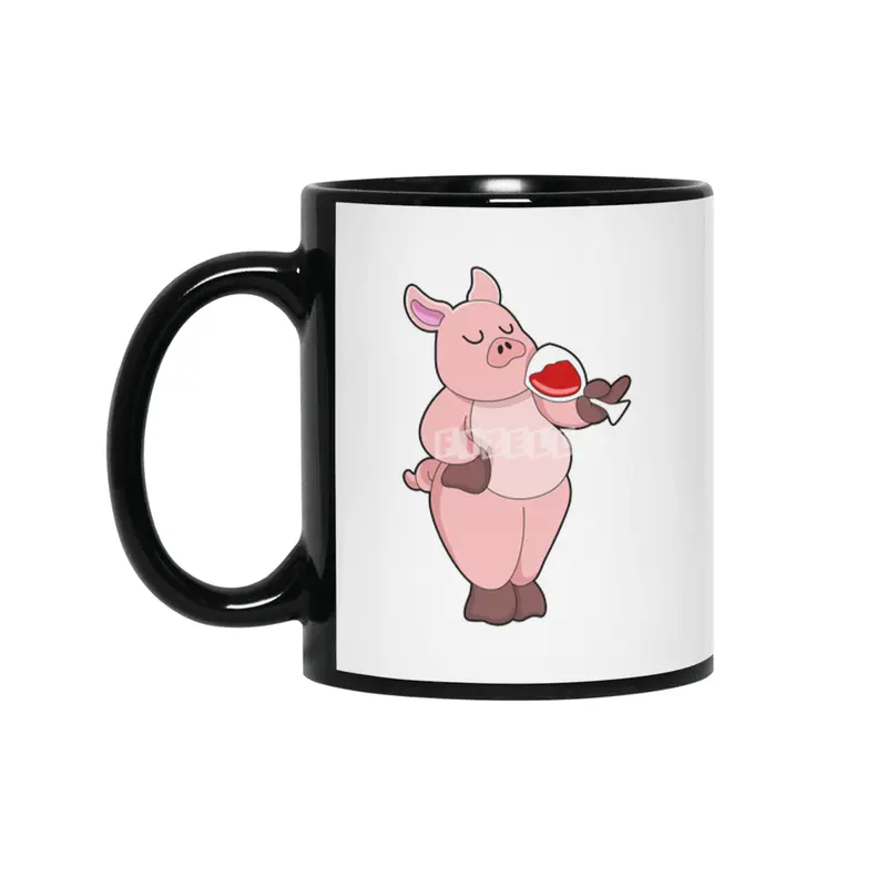 Pig with Glass of Wine Siyah Kupa