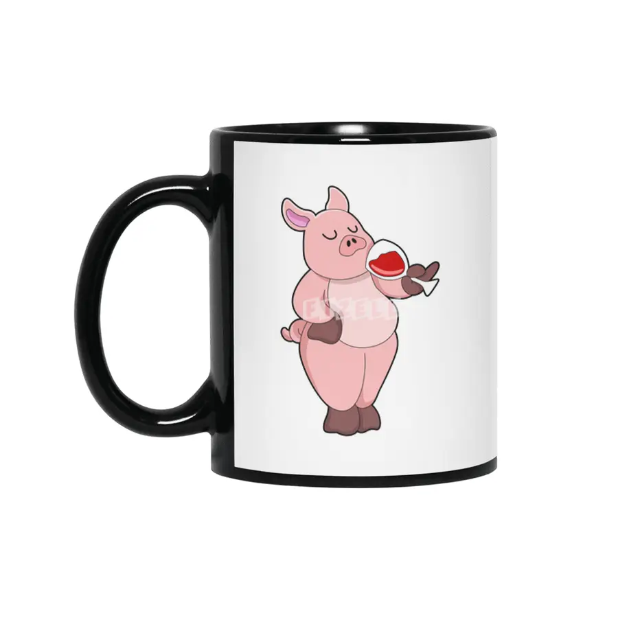 Pig with Glass of Wine Siyah Kupa