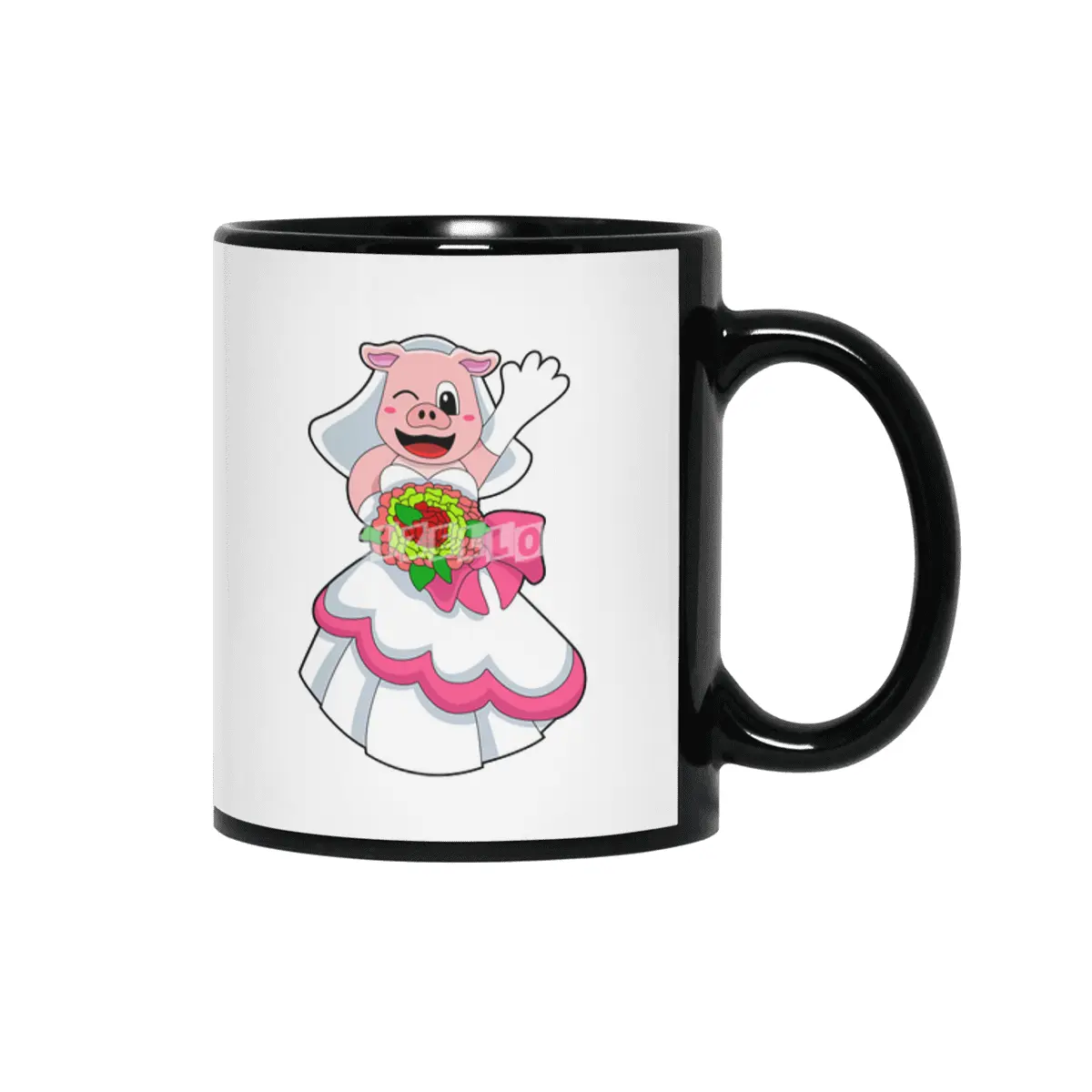 Pig with Wedding dress & Bunch of Flowers Siyah Kupa