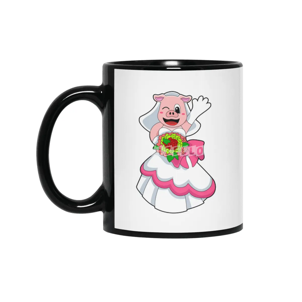 Pig with Wedding dress & Bunch of Flowers Siyah Kupa