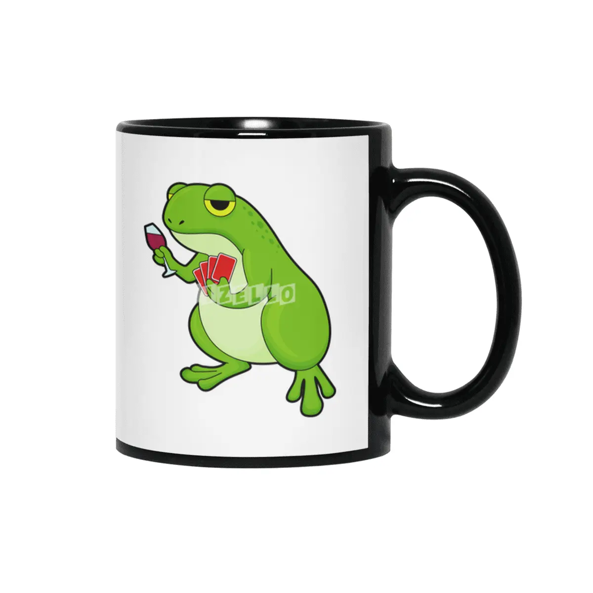 Frog at Poker with Poker cards & Glass of Red wine Siyah Kupa