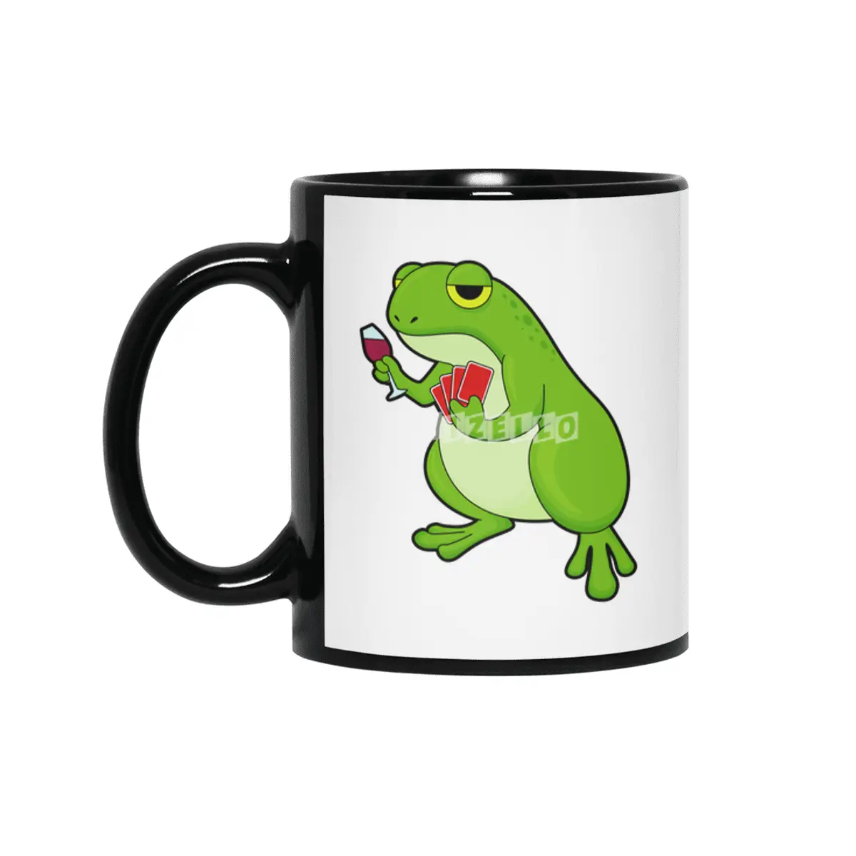 Frog at Poker with Poker cards & Glass of Red wine Siyah Kupa