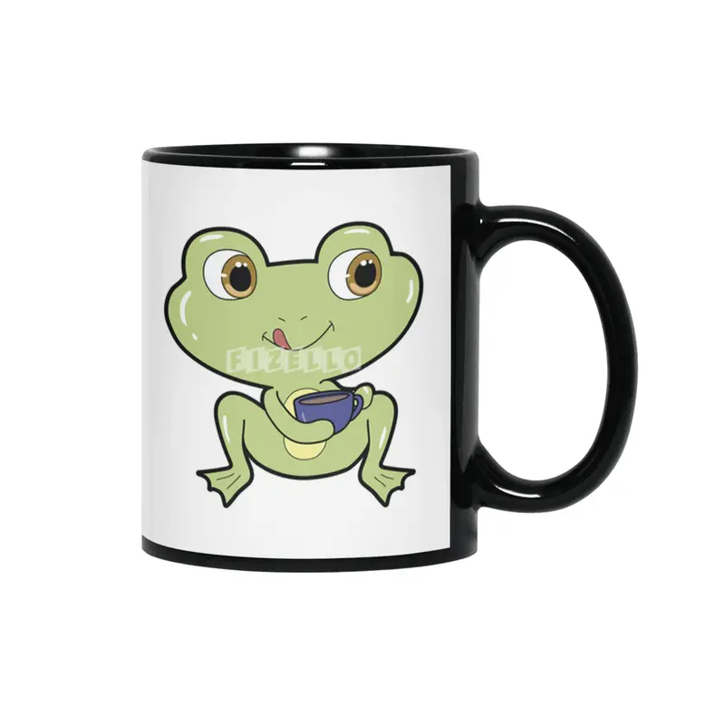 Frog with Cup of Coffee Siyah Kupa
