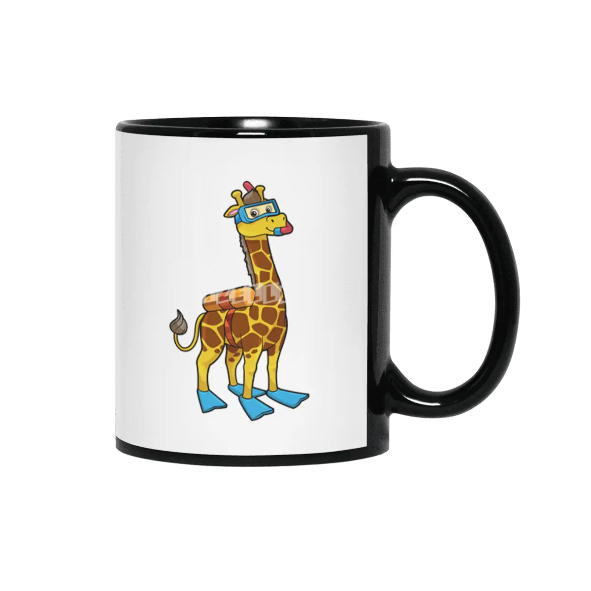 Giraffe as Diver with Swimming goggles & Flippers Siyah Kupa