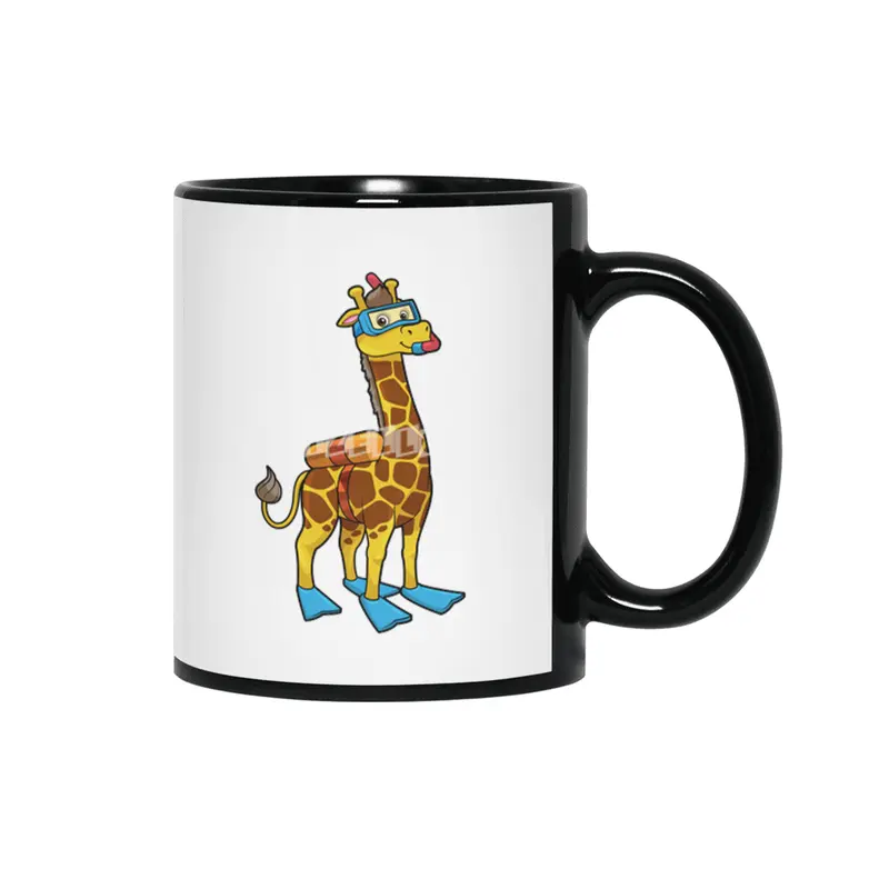 Giraffe as Diver with Swimming goggles & Flippers Siyah Kupa