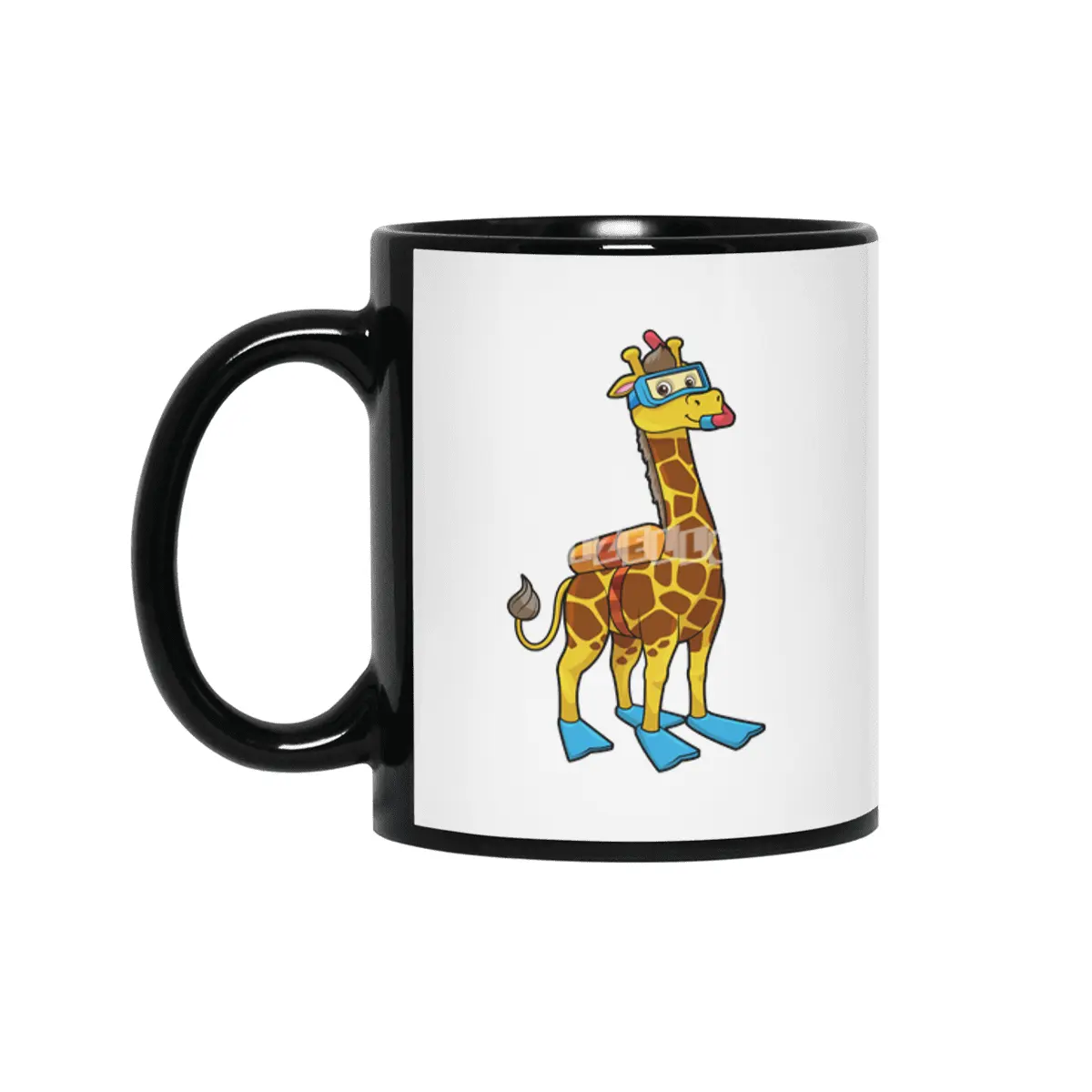 Giraffe as Diver with Swimming goggles & Flippers Siyah Kupa
