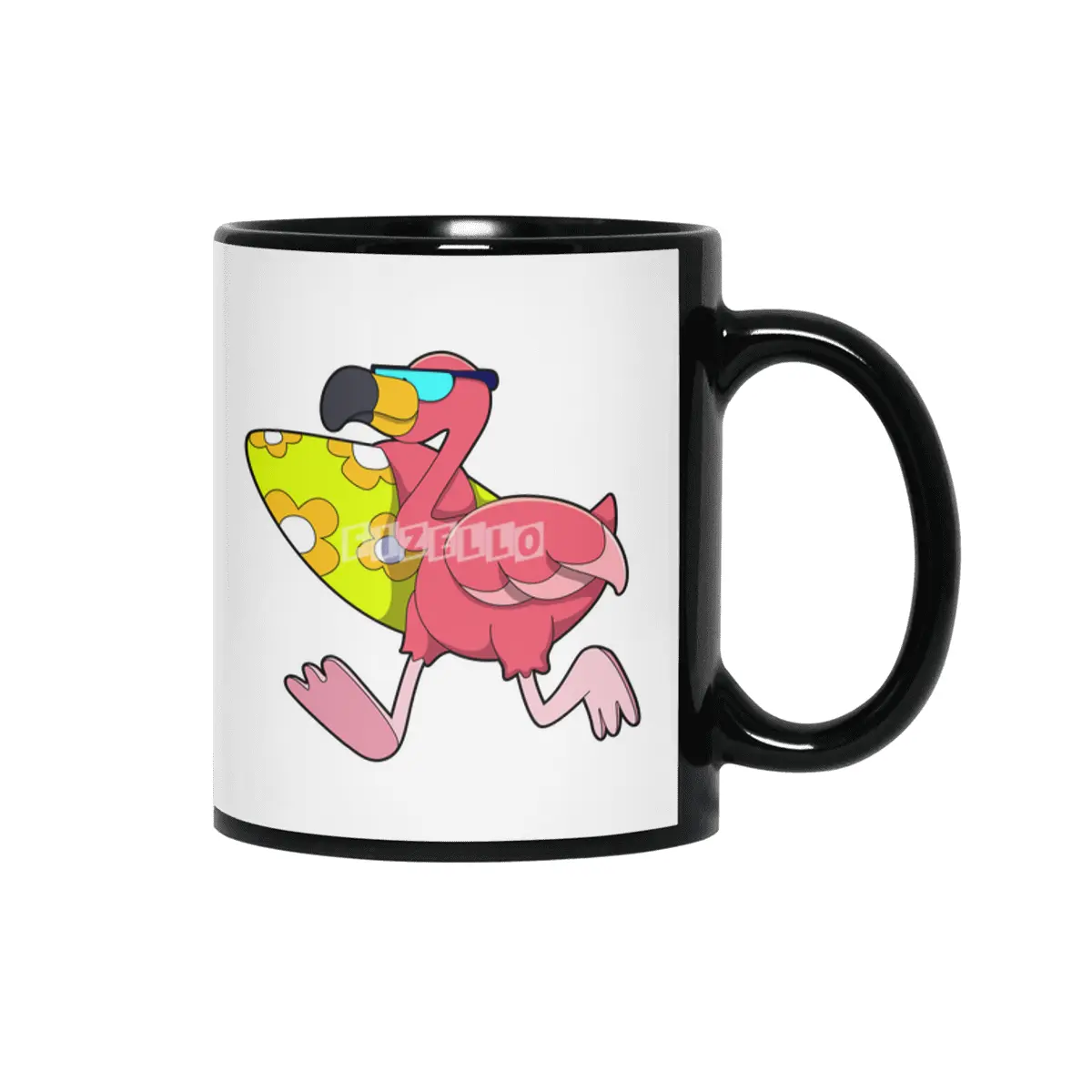 Flamingo as Surfer with Surfboard & Sunglasses Siyah Kupa