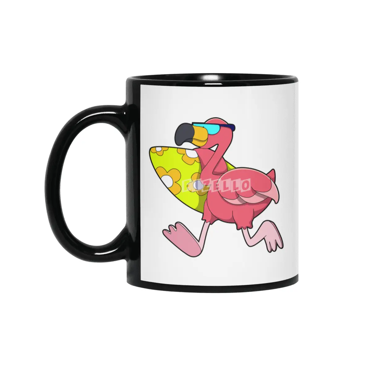 Flamingo as Surfer with Surfboard & Sunglasses Siyah Kupa