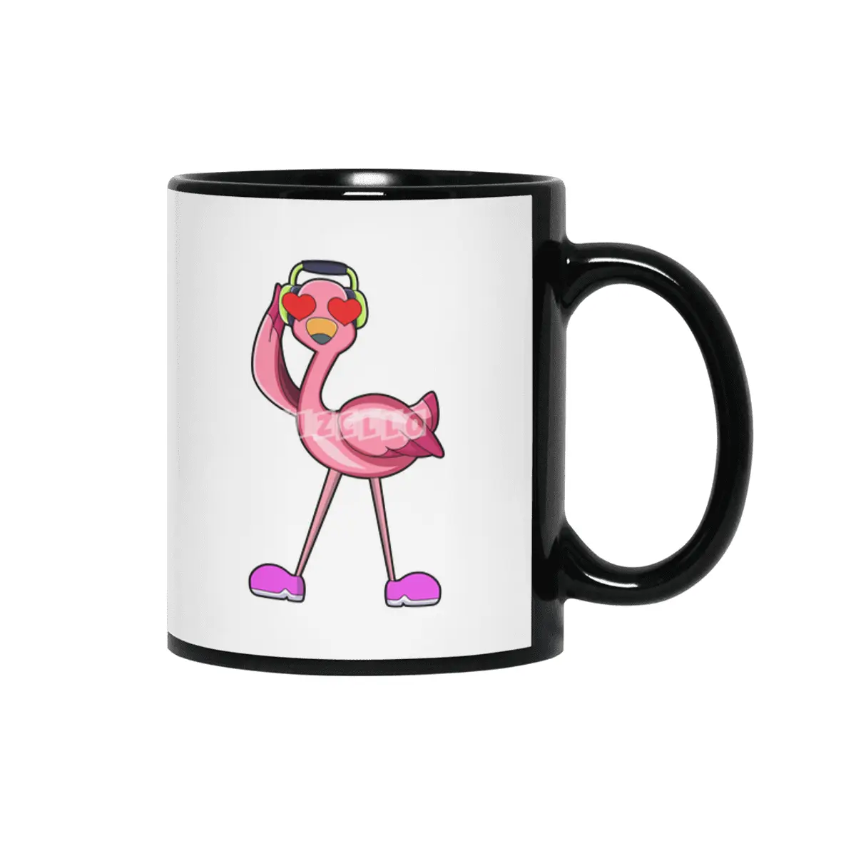 Flamingo with Headphone & Hearts Siyah Kupa