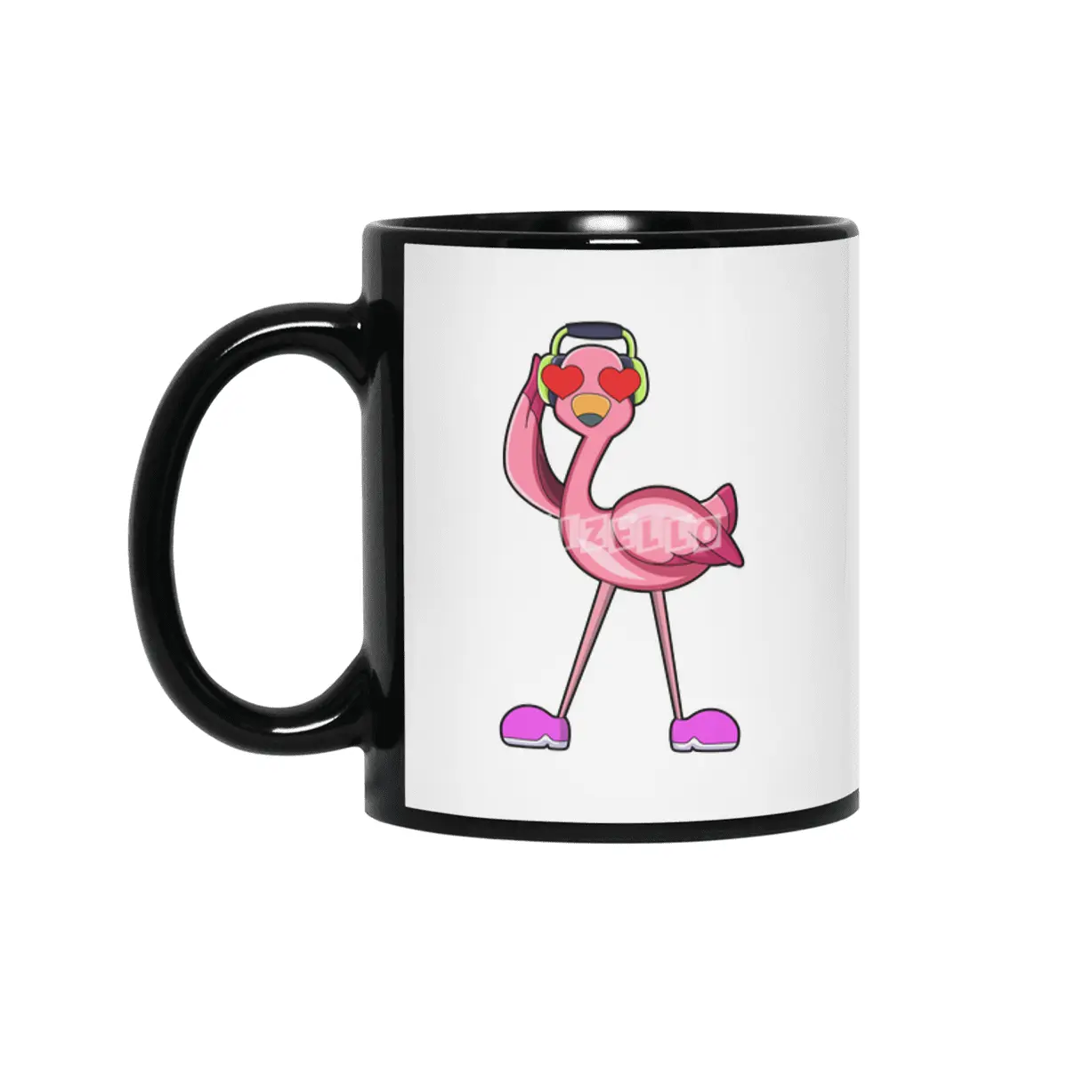 Flamingo with Headphone & Hearts Siyah Kupa