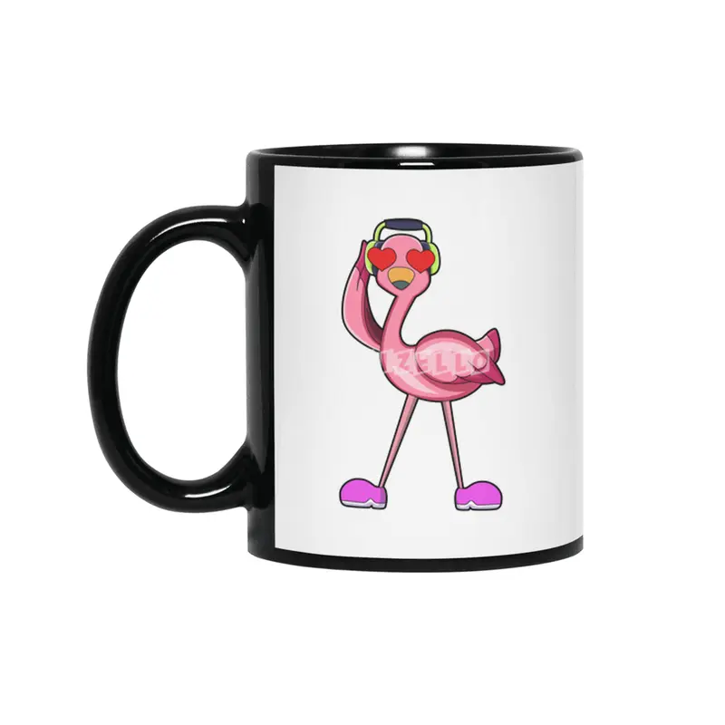 Flamingo with Headphone & Hearts Siyah Kupa