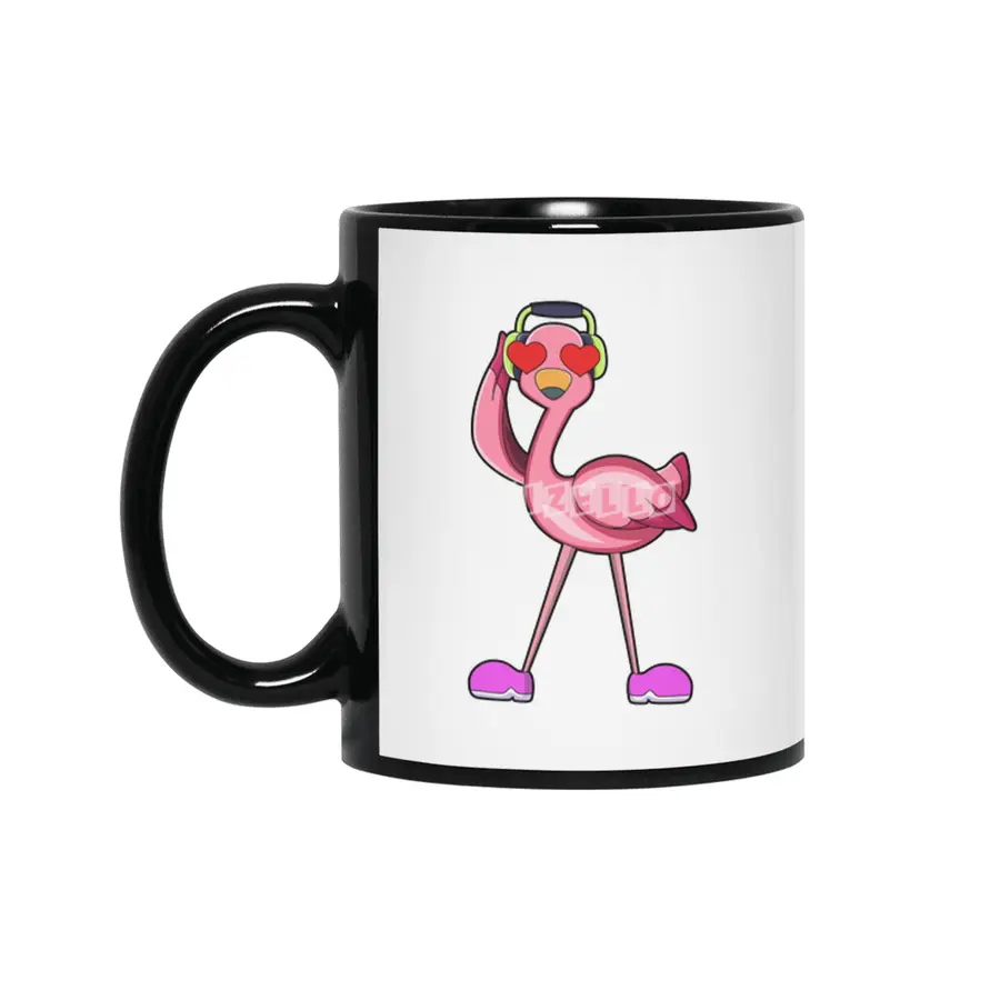 Flamingo with Headphone & Hearts Siyah Kupa