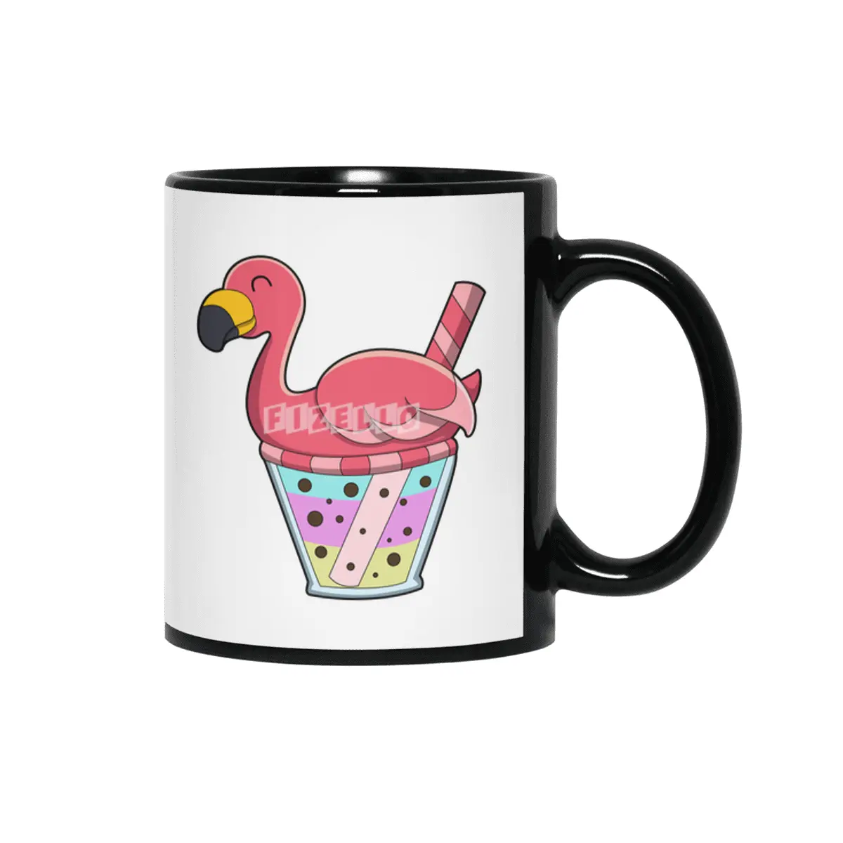 Flamingo with Mug of Juice & Drinking straw Siyah Kupa