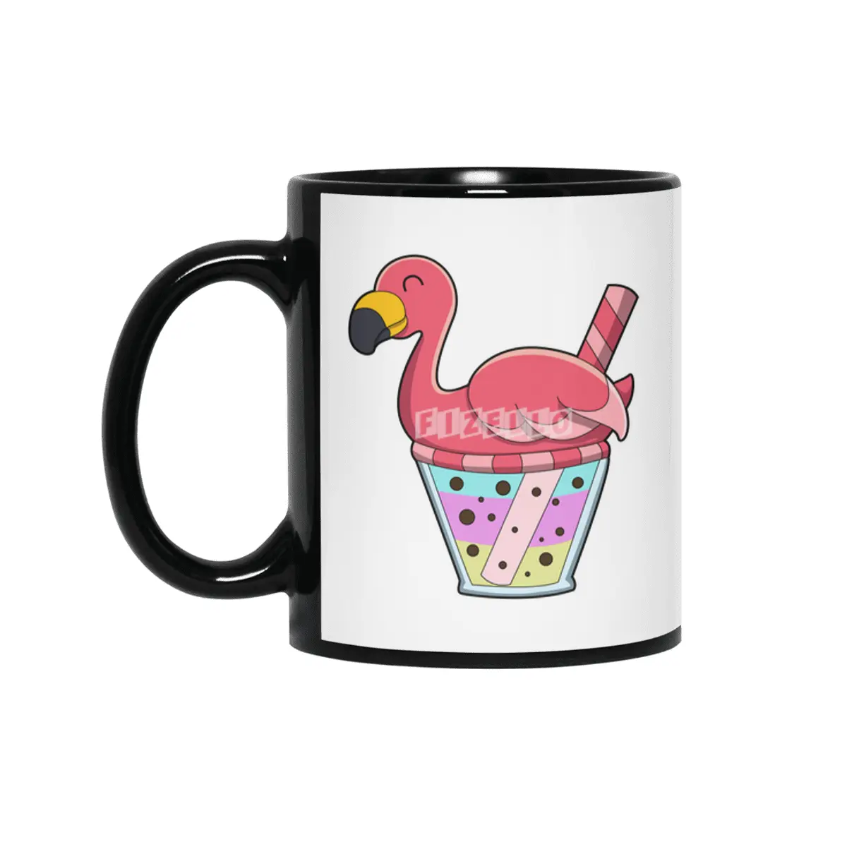 Flamingo with Mug of Juice & Drinking straw Siyah Kupa