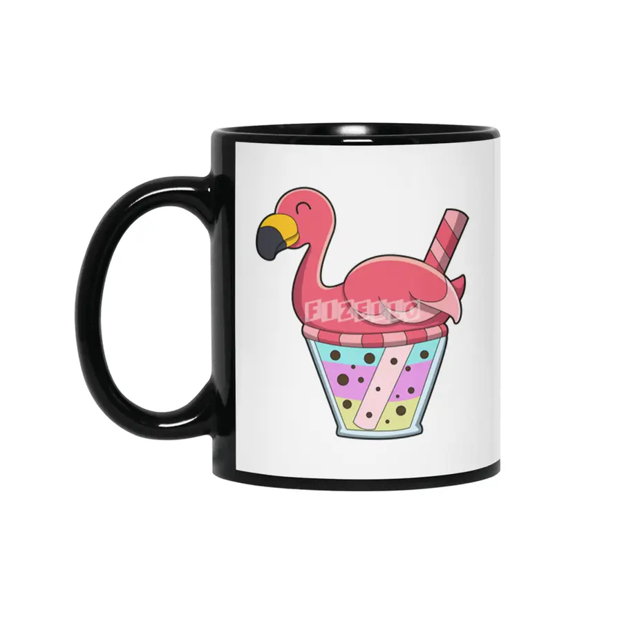 Flamingo with Mug of Juice & Drinking straw Siyah Kupa
