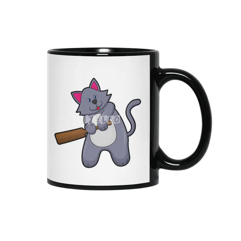 Cat at Cricket with Cricket bat Siyah Kupa