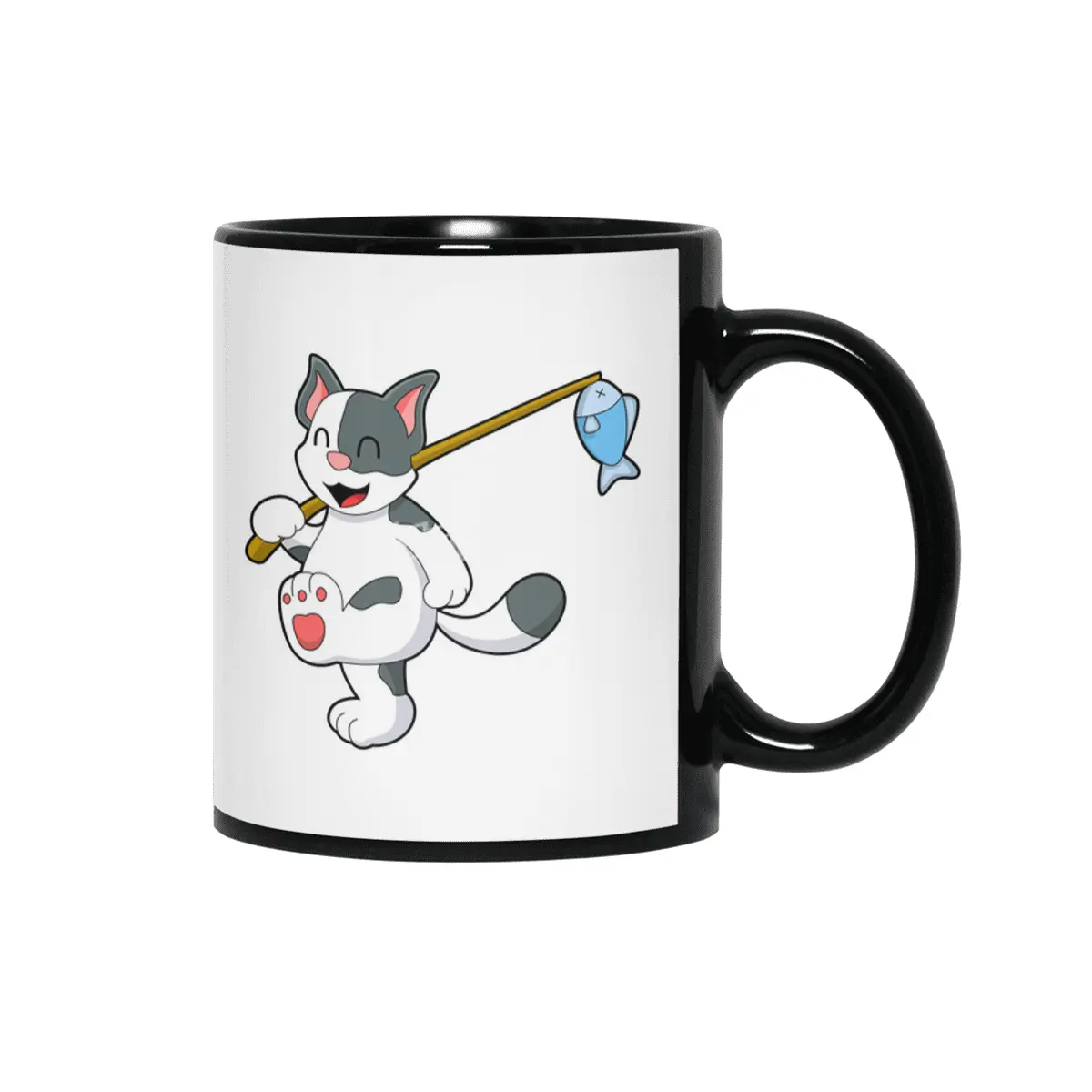 Cat at Fishing with Fishing rod Siyah Kupa