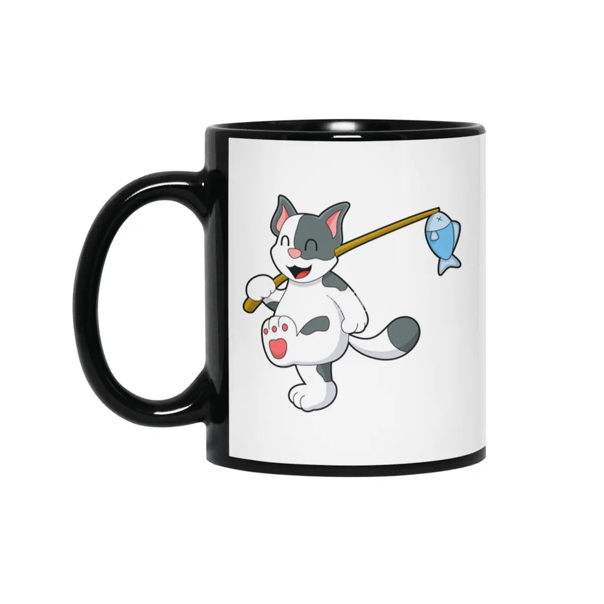 Cat at Fishing with Fishing rod Siyah Kupa