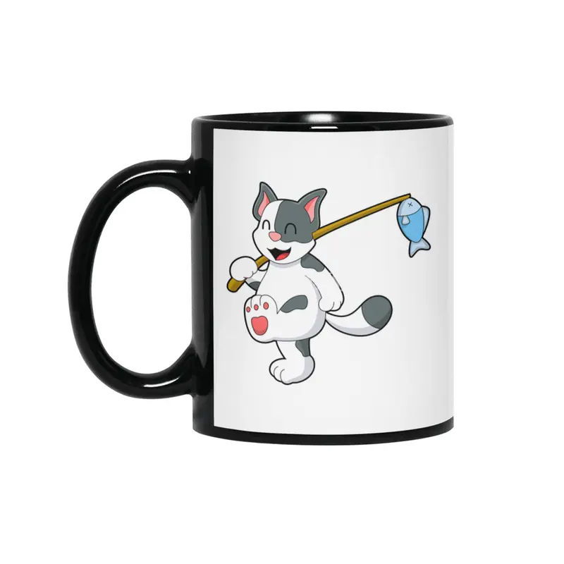 Cat at Fishing with Fishing rod Siyah Kupa