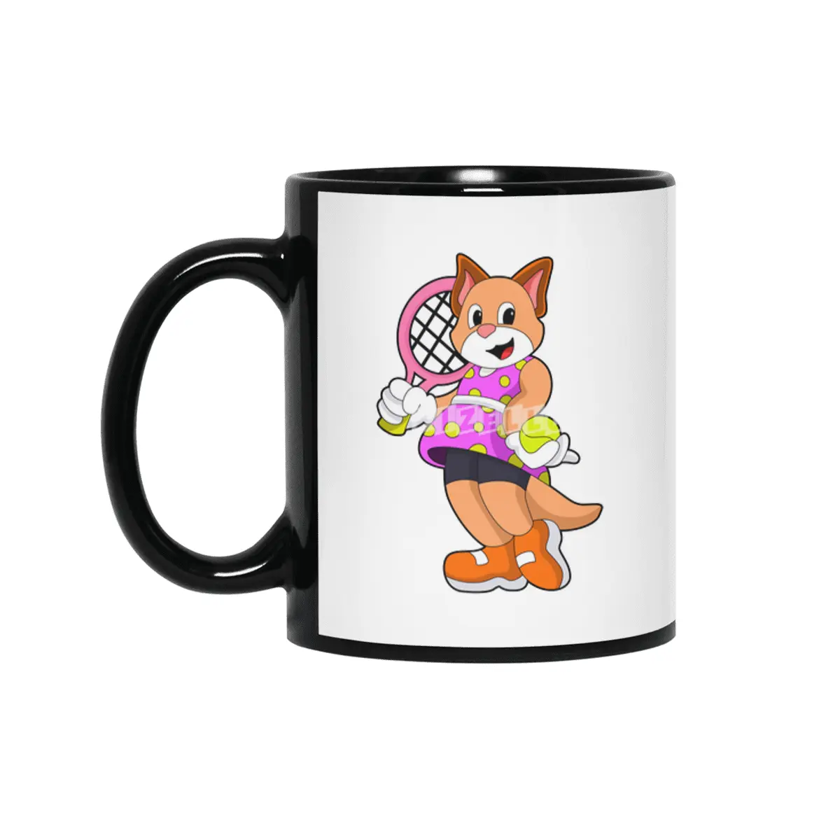 Cat at Tennis with Tennis racket Siyah Kupa