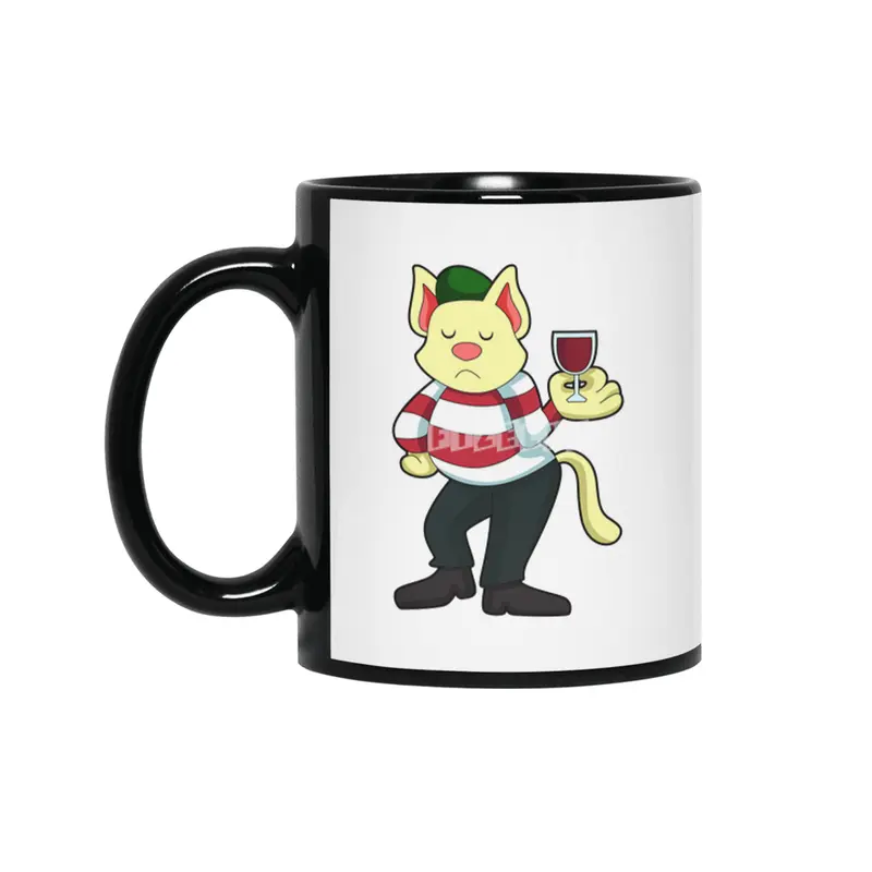Cat with Glass of Red wine Siyah Kupa