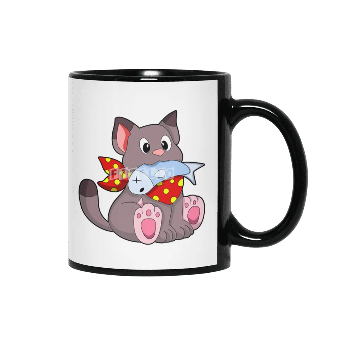 Cat with Ribbon & Fish Siyah Kupa