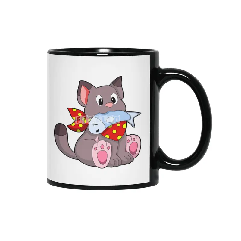 Cat with Ribbon & Fish Siyah Kupa