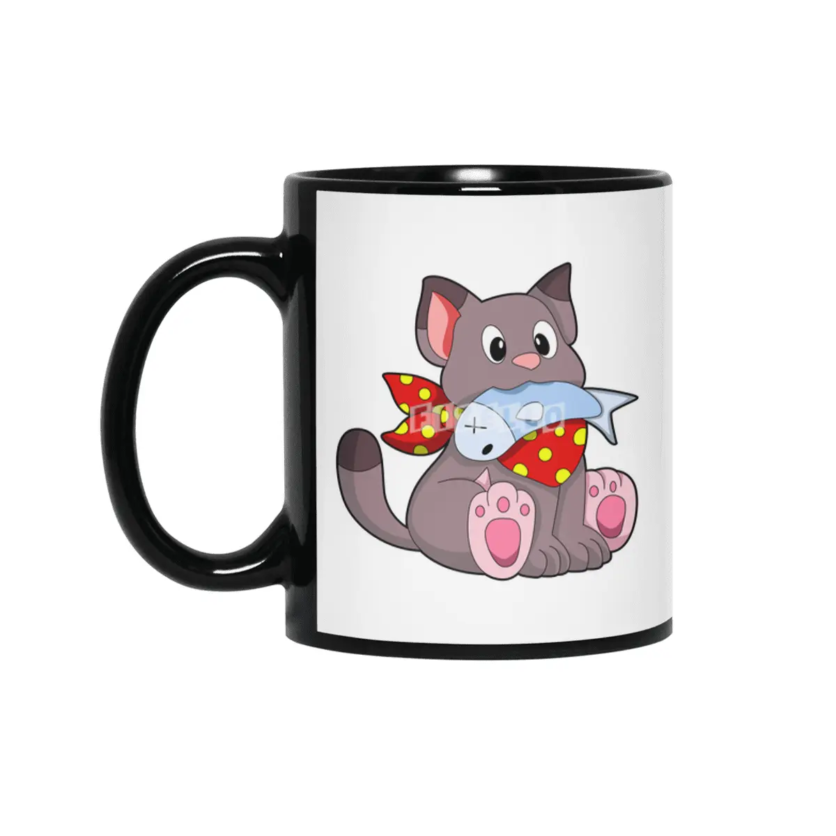 Cat with Ribbon & Fish Siyah Kupa