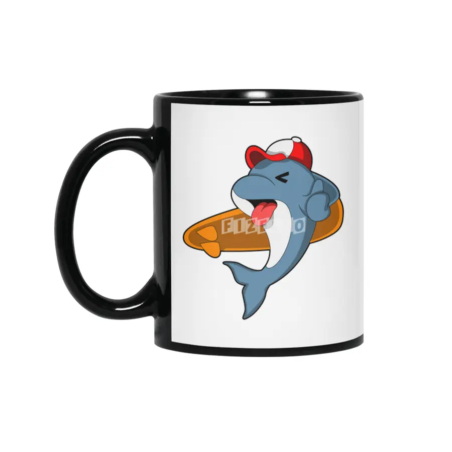 Dolphin as Surfer with Surfboard Siyah Kupa