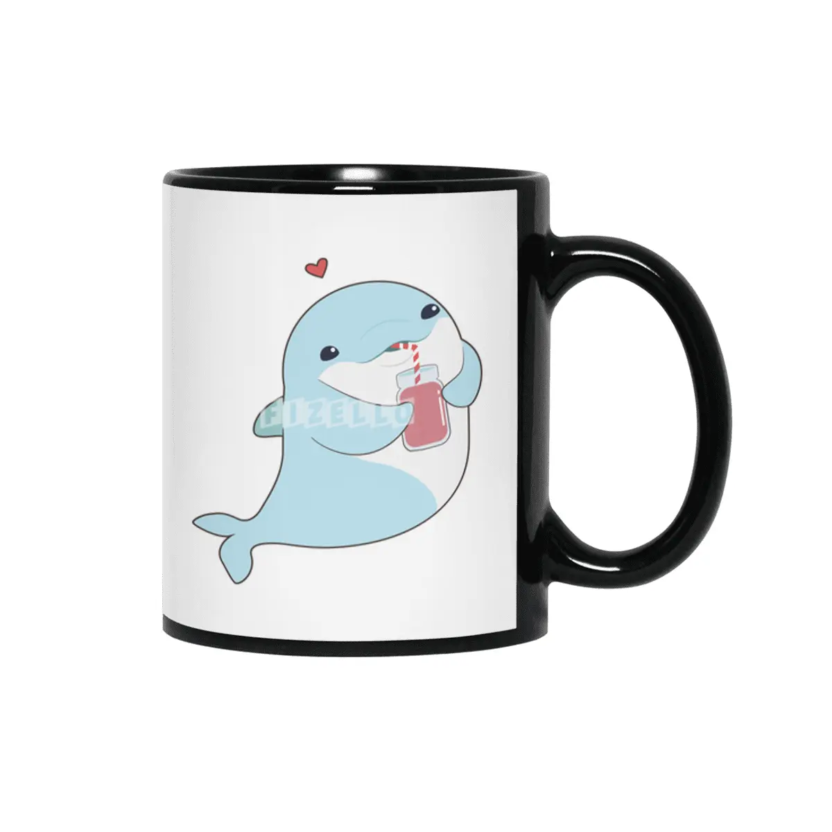 Dolphin with Drink & Heart Siyah Kupa