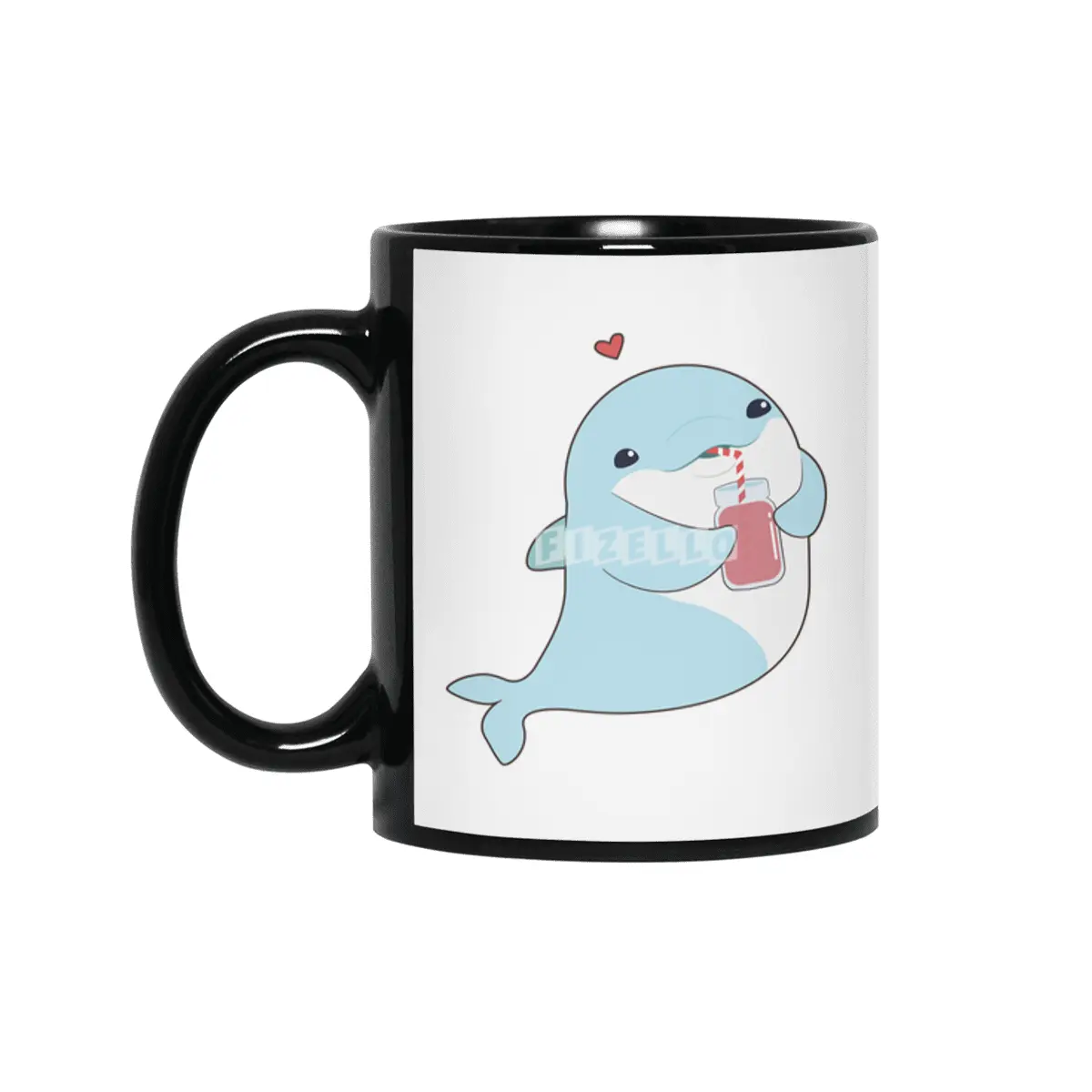 Dolphin with Drink & Heart Siyah Kupa