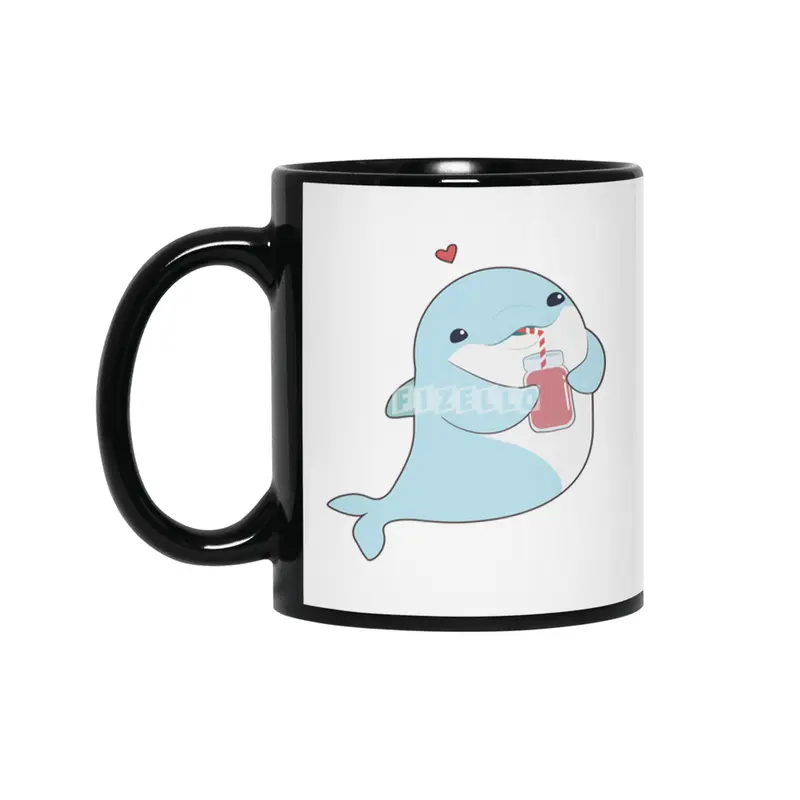 Dolphin with Drink & Heart Siyah Kupa