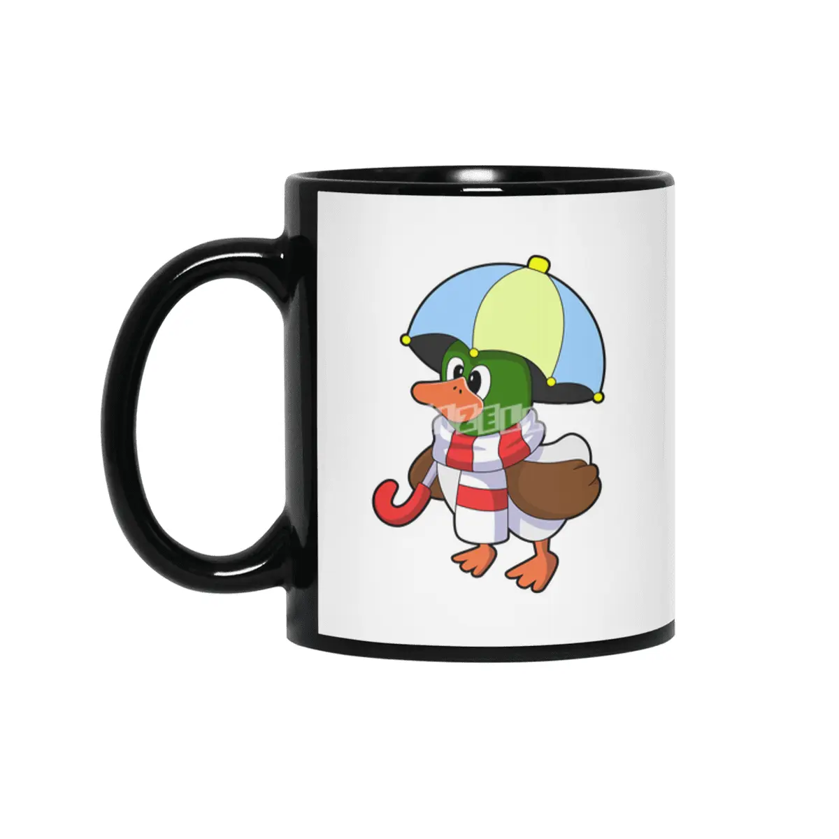 Duck at Raining with Umbrella Siyah Kupa