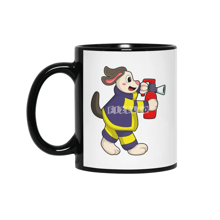 Dog as Firefighter with Fire extinguisher Siyah Kupa