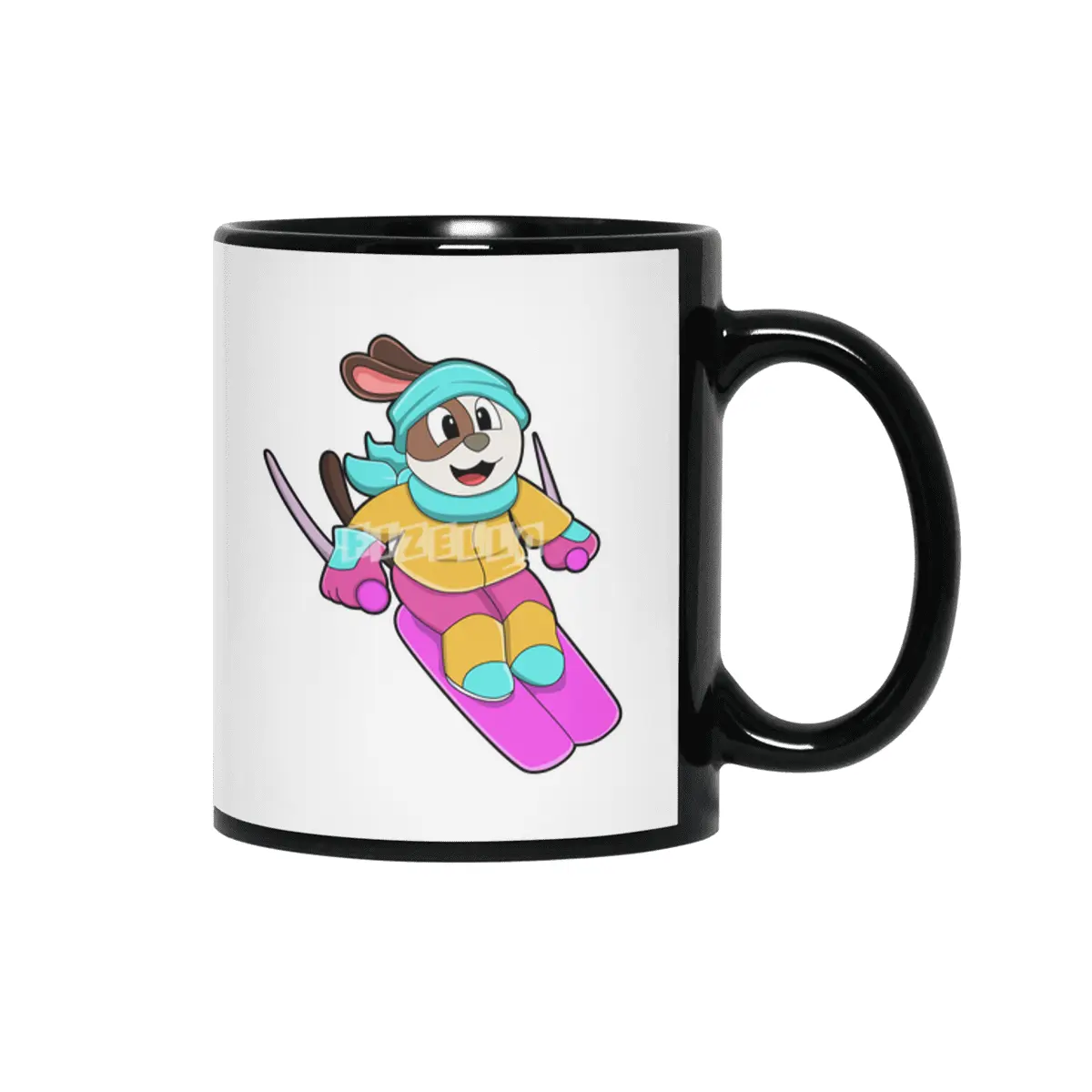 Dog as Skier with Ski & Scarf Siyah Kupa