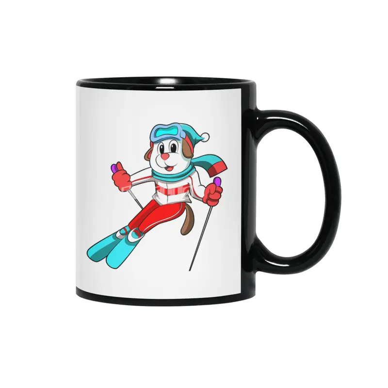 Dog as Skier with Skis Siyah Kupa