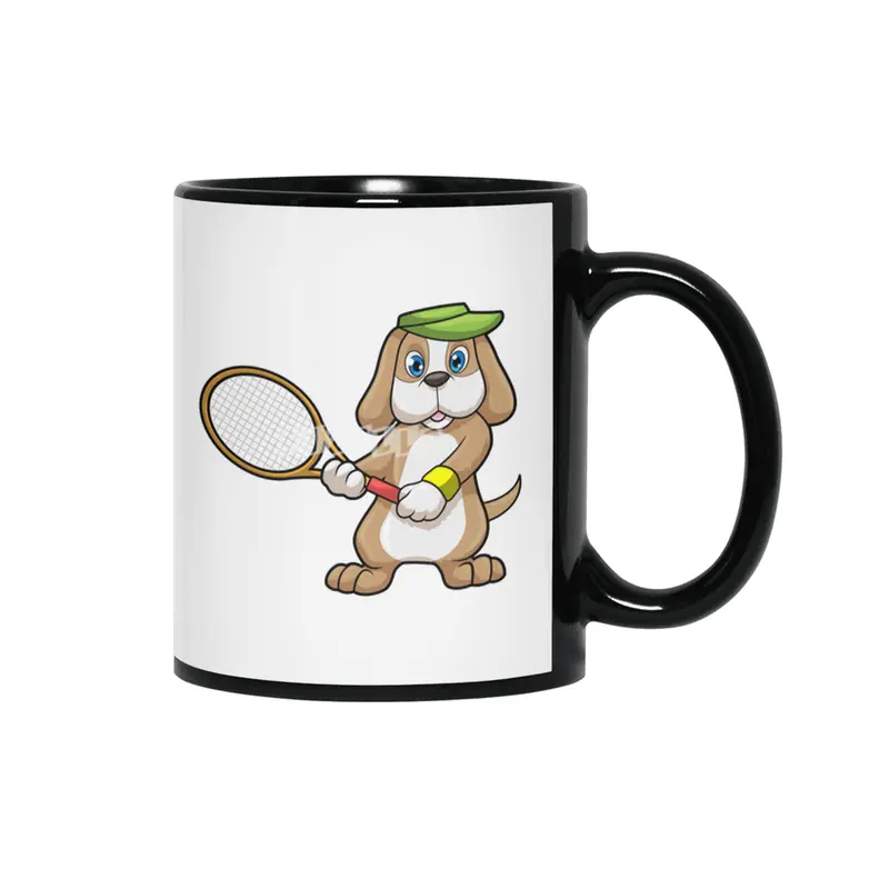 Dog at Tennis with Tennis racket & Cap Siyah Kupa