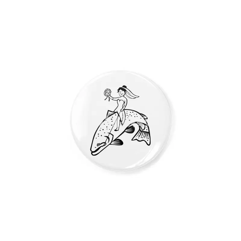 Bride Female Fisherman with Flower Bouquet Riding a Steelhead Trout Cartoon Black and White Açacak