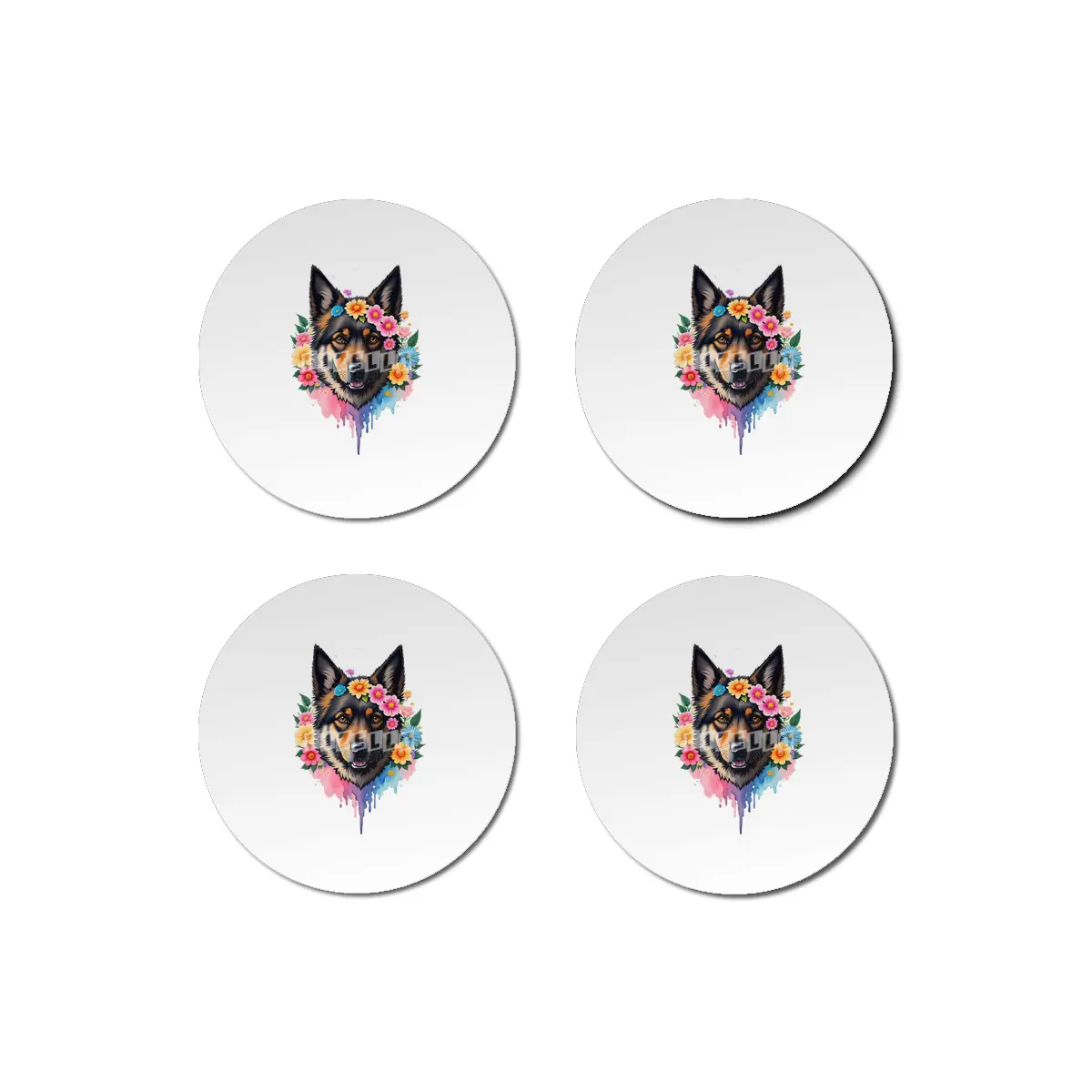 Cute Retro German Shepard Dog with Colorful Flowers Bardak Altlığı