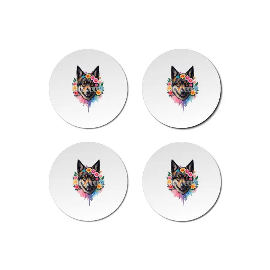 Cute Retro German Shepard Dog with Colorful Flowers Bardak Altlığı