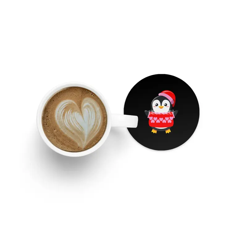 Cute Penguin with a heart sweater and hat Bardak Altlığı